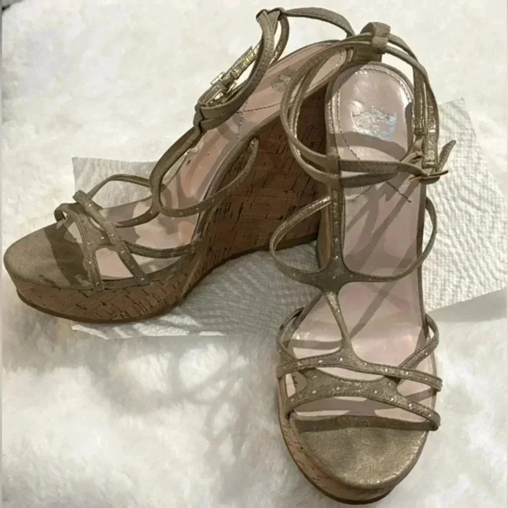 Strappy Metallic Tan Wedge Sandals - Women's